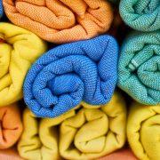 yellow and blue knit textile