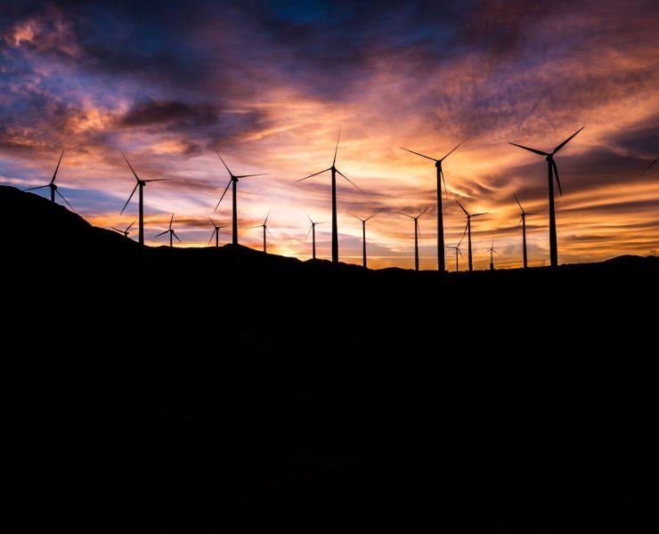 silhouette of windmills during golden hour