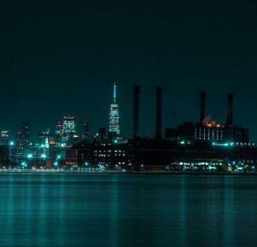 city skyline during night time