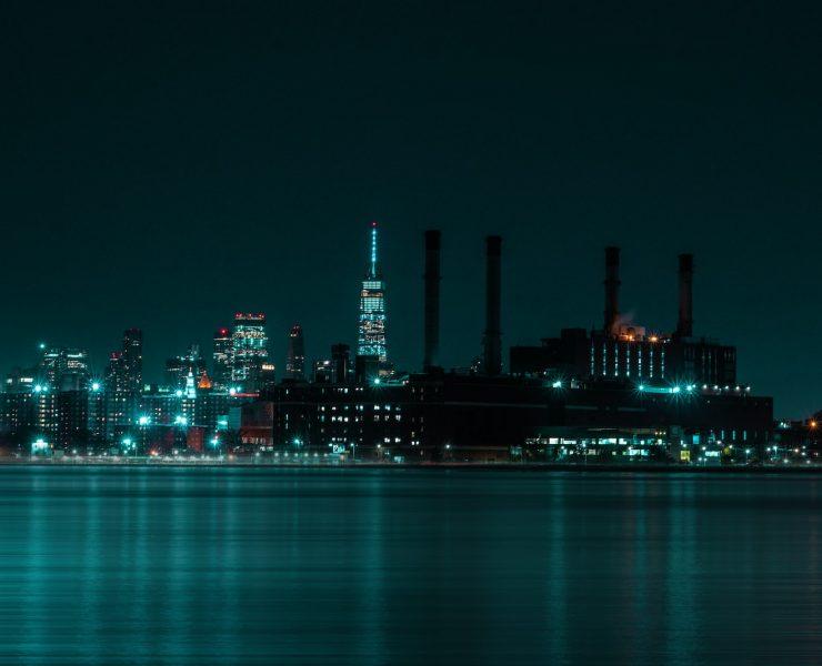 city skyline during night time