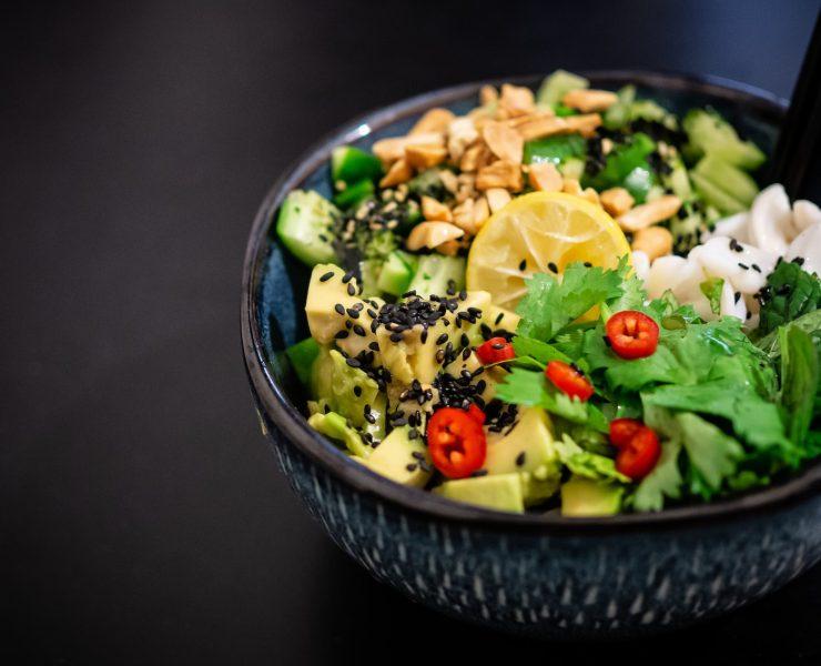 vegetable salad in gray bowl