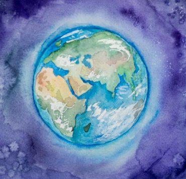 a watercolor painting of the earth in space