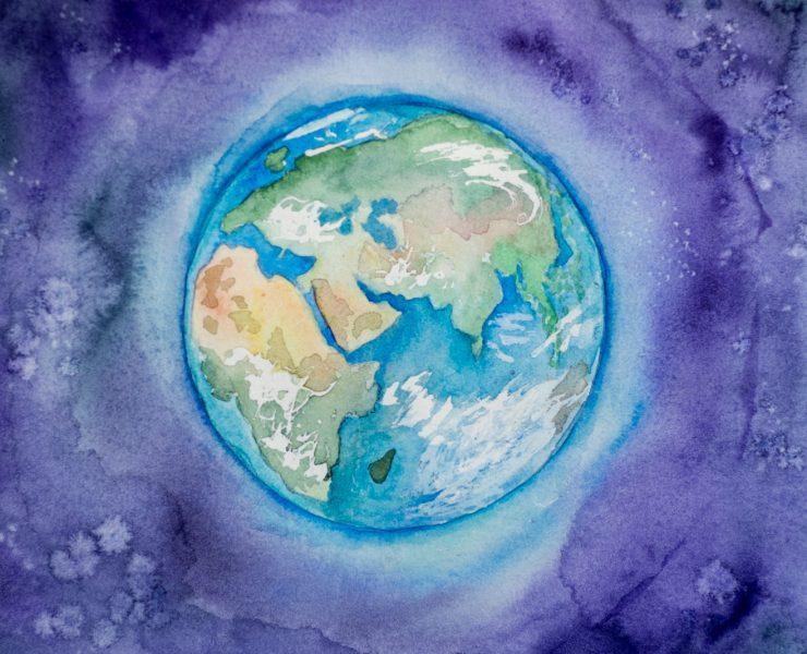 a watercolor painting of the earth in space