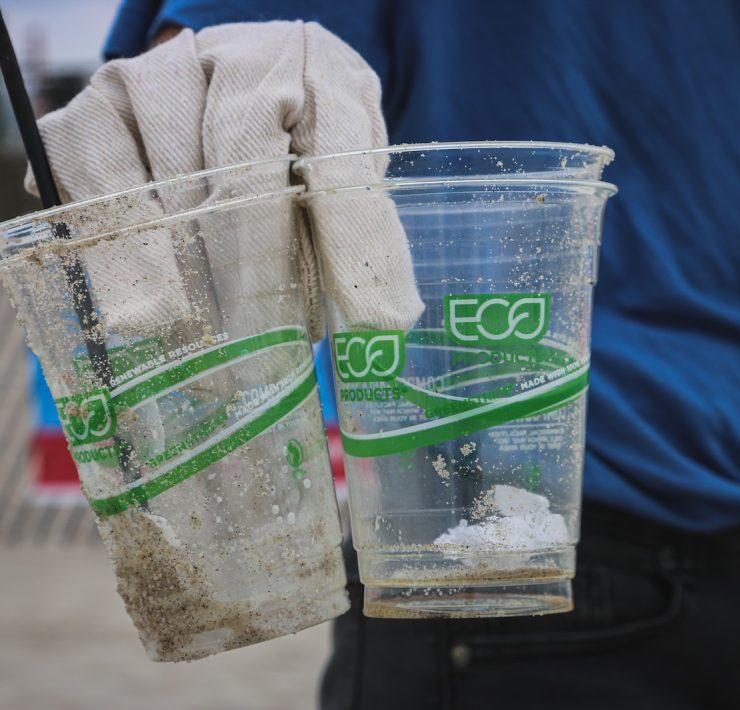 person holding two clear plastic disposable cups