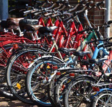 lined red, blue, and black bicycles on display