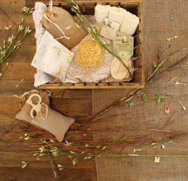 bathroom essentials on wooden crate
