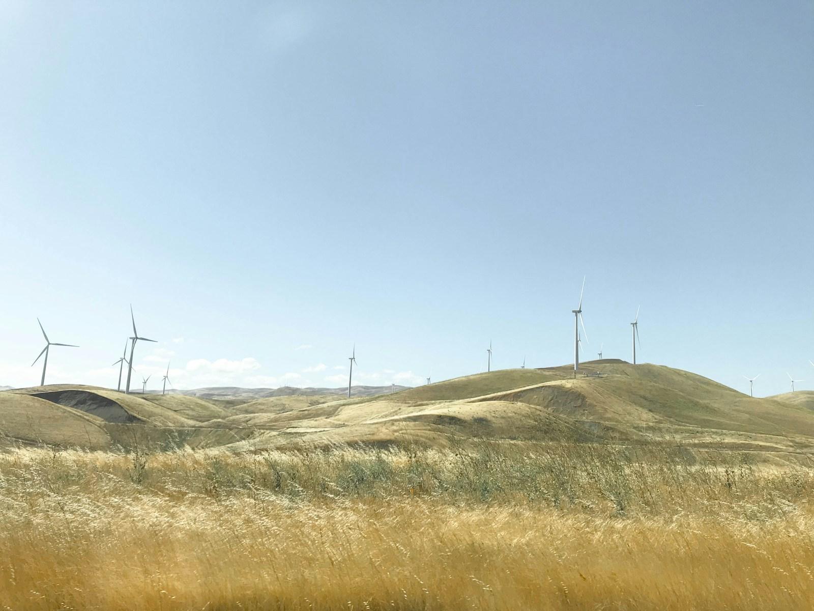 white wind mills on hill
