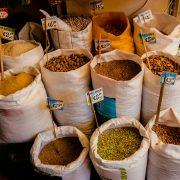 a bunch of bags filled with different types of food