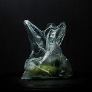 a plastic bag with a green apple inside of it